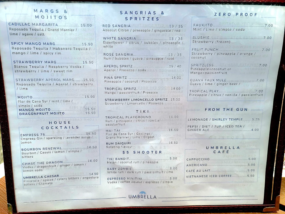 Menu, Umbrella Bar