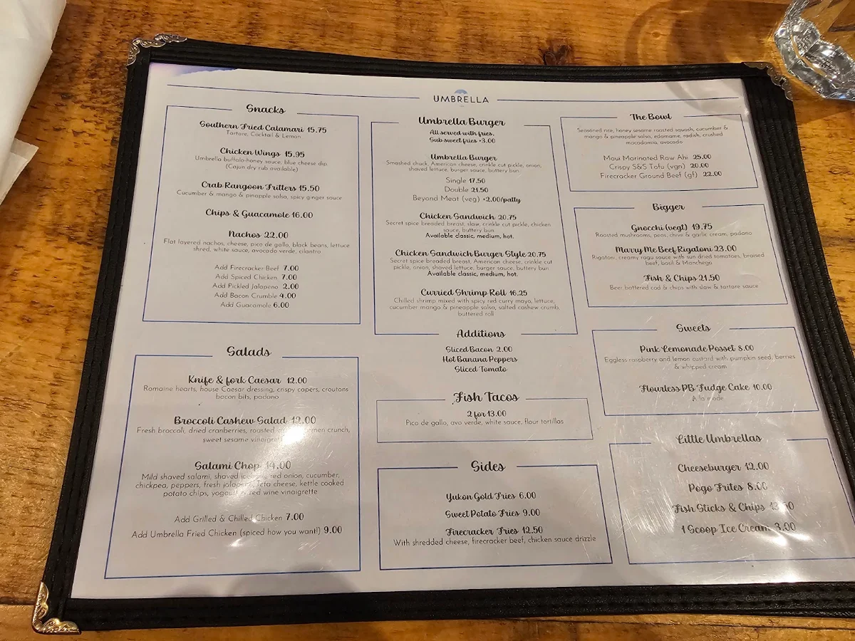 Menu, Umbrella Bar