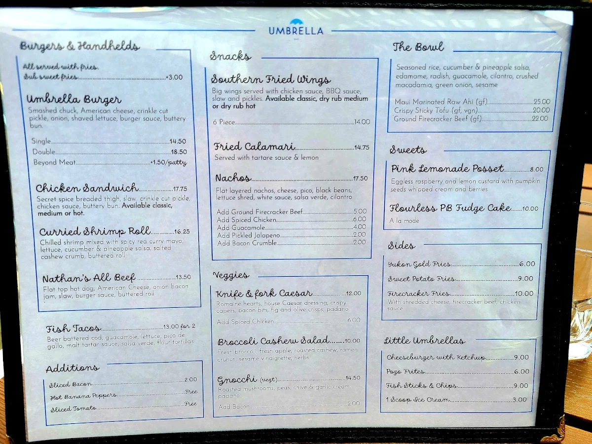 Menu, Umbrella Bar