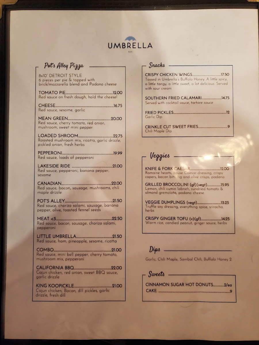 Menu, Umbrella Bar