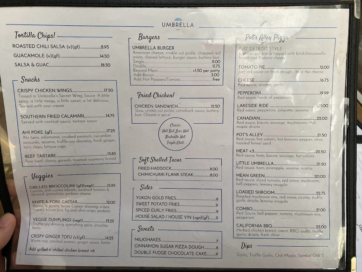 Menu, Umbrella Bar