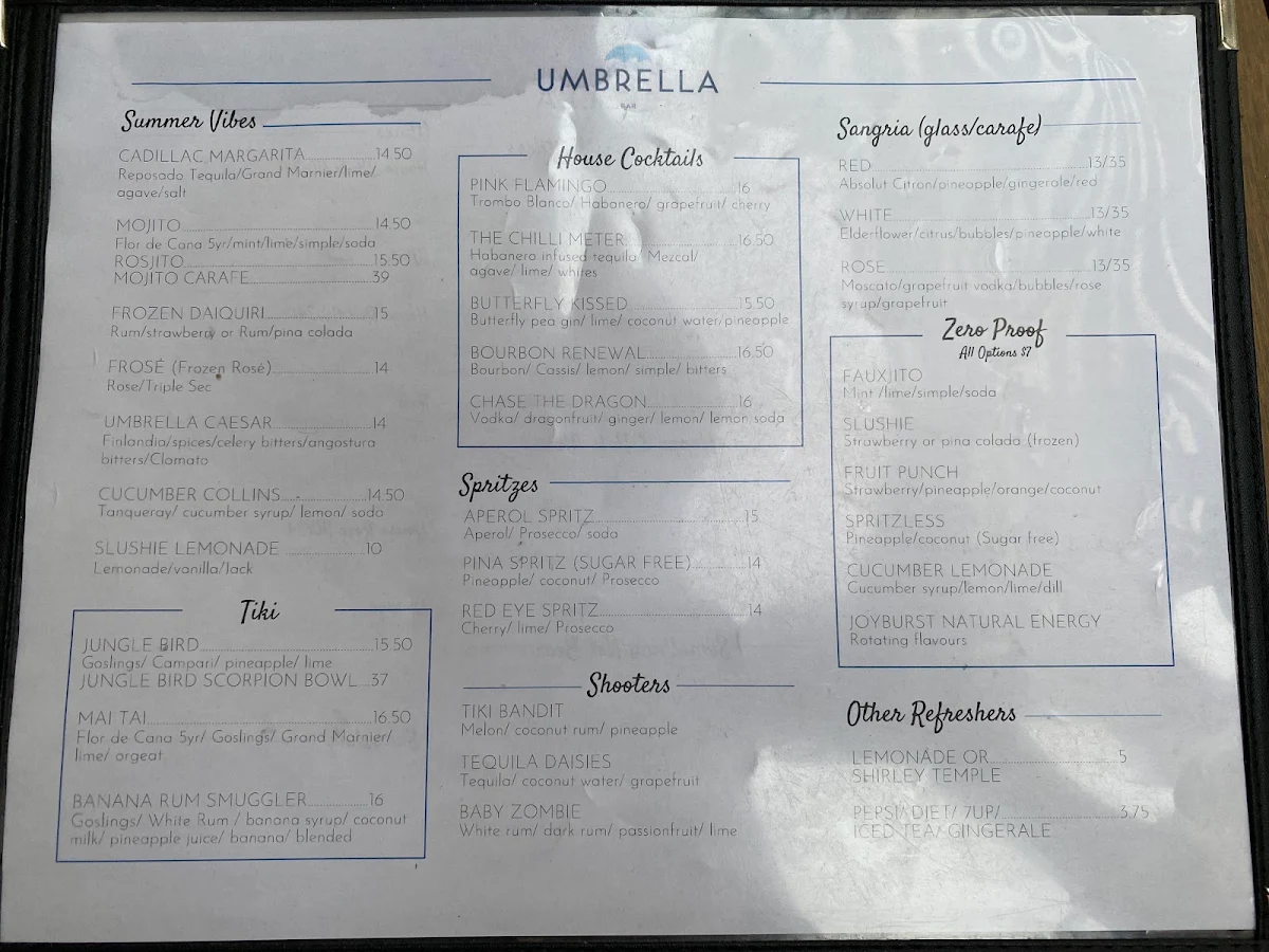 Menu, Umbrella Bar
