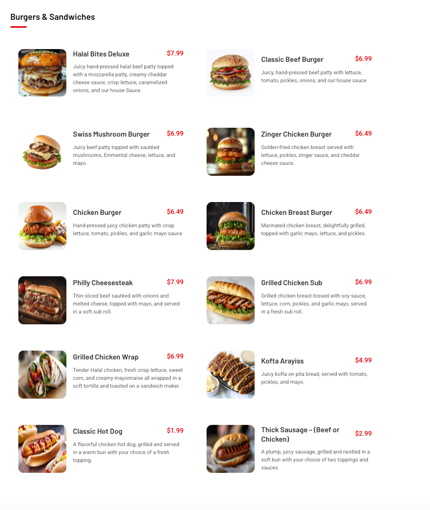 Menu, Halal Bites - Catering & Pick Up