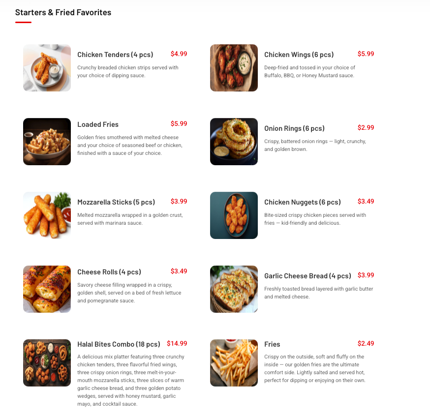 Menu, Halal Bites - Catering & Pick Up