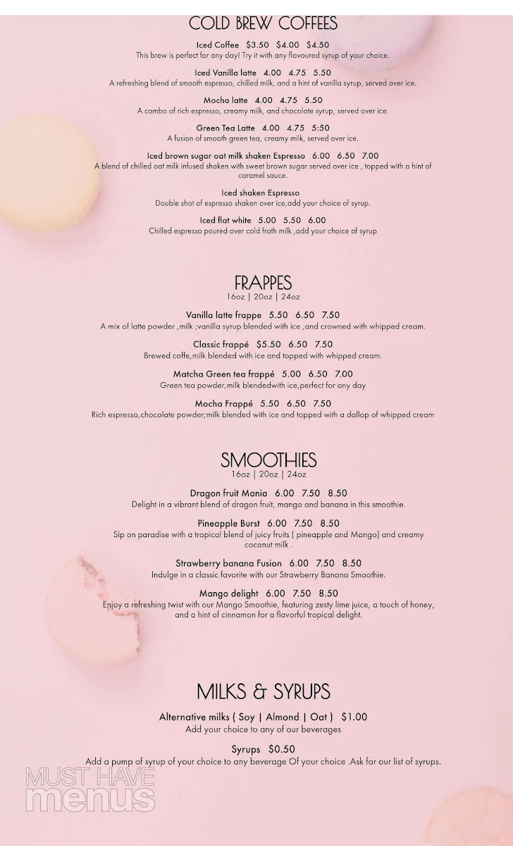 Menu, Zena Cafe
