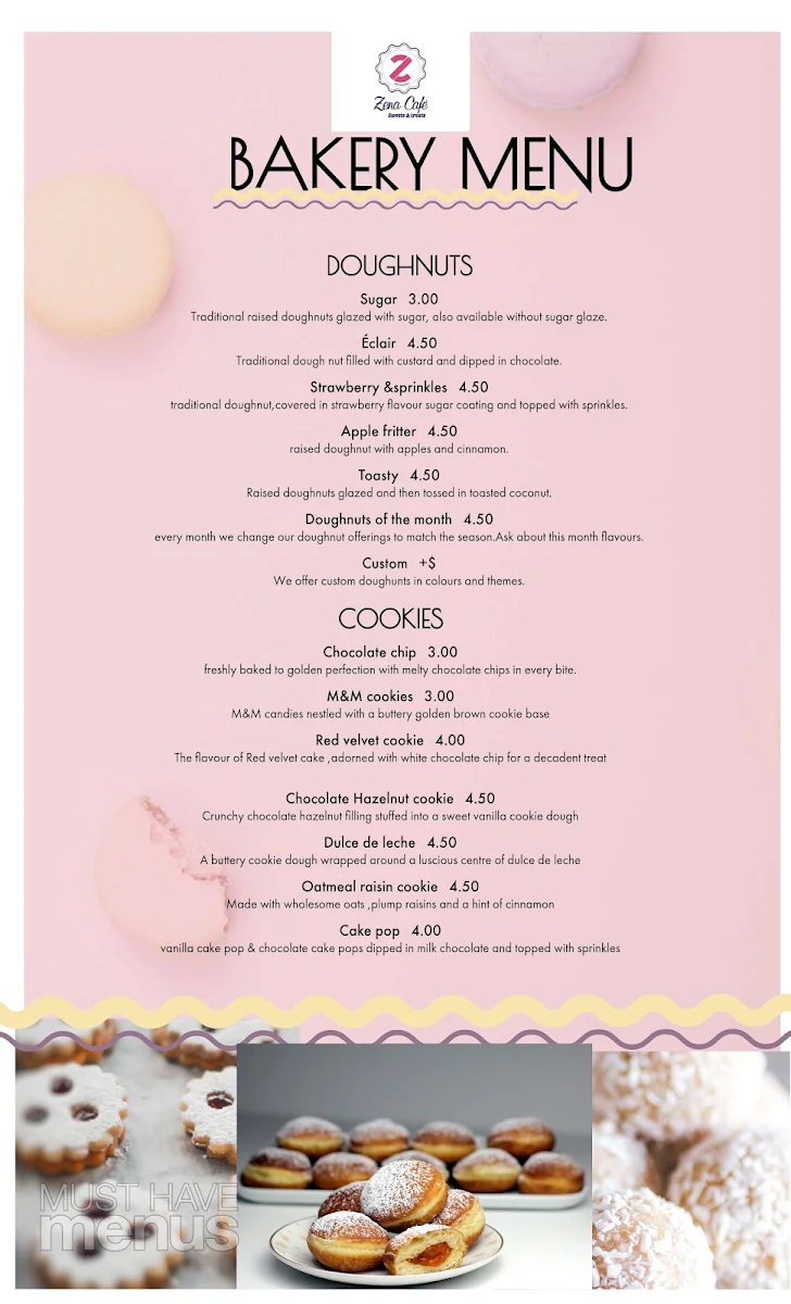 Menu, Zena Cafe
