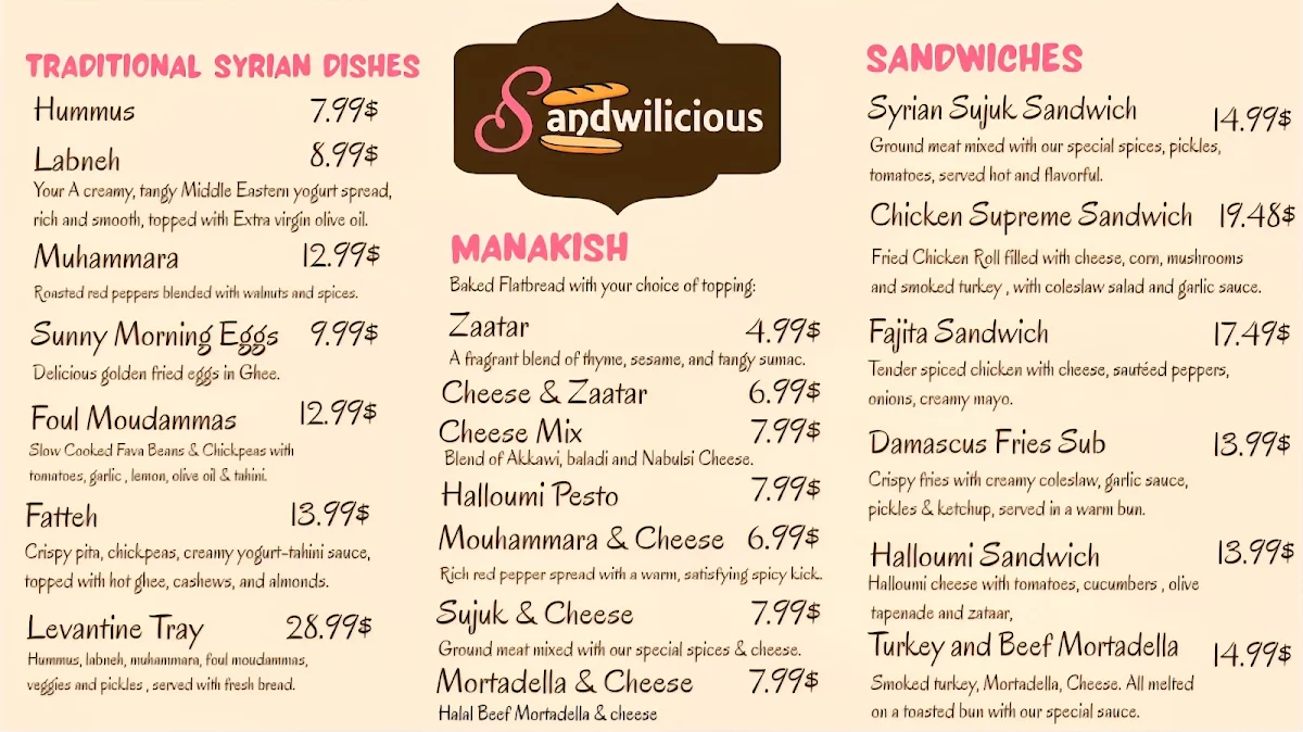 Menu, Sandwilicious - Halal | Sandwiches | Middle-Eastern | Breakfast | Kabab
