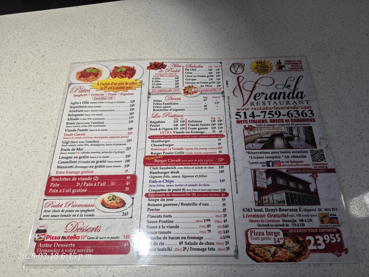 Menu, Restaurant La Veranda pizzeria