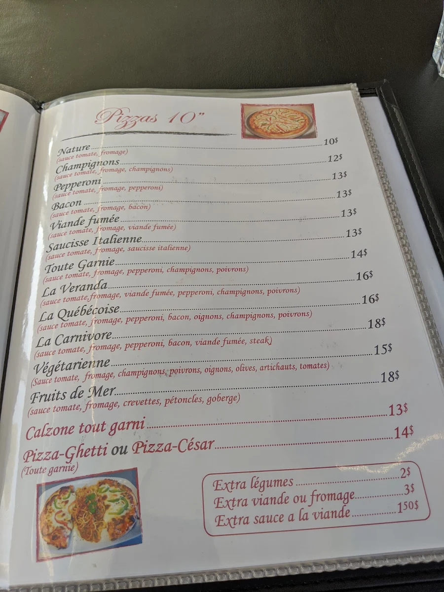Menu, Restaurant La Veranda pizzeria