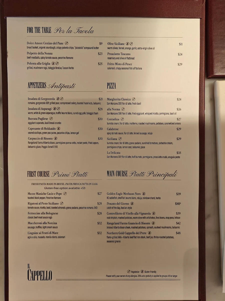 Menu, Dolce Amore - Burnaby