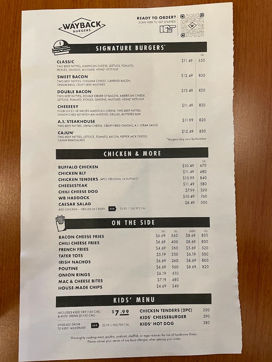 Menu, Wayback Burgers