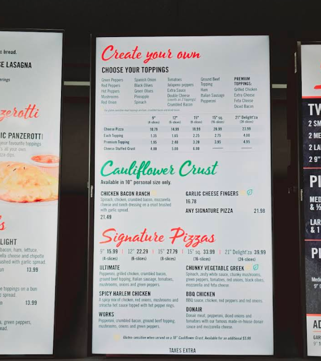 Menu, Pizza Delight