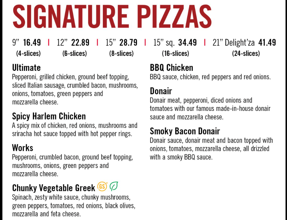 Menu, Pizza Delight
