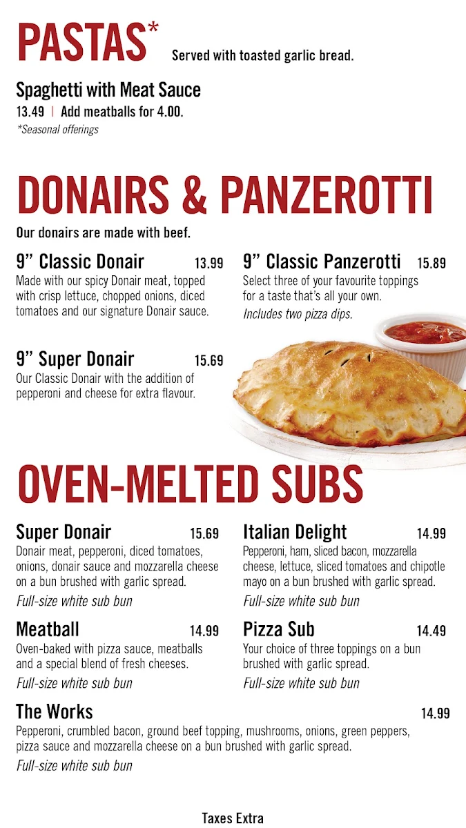 Menu, Pizza Delight