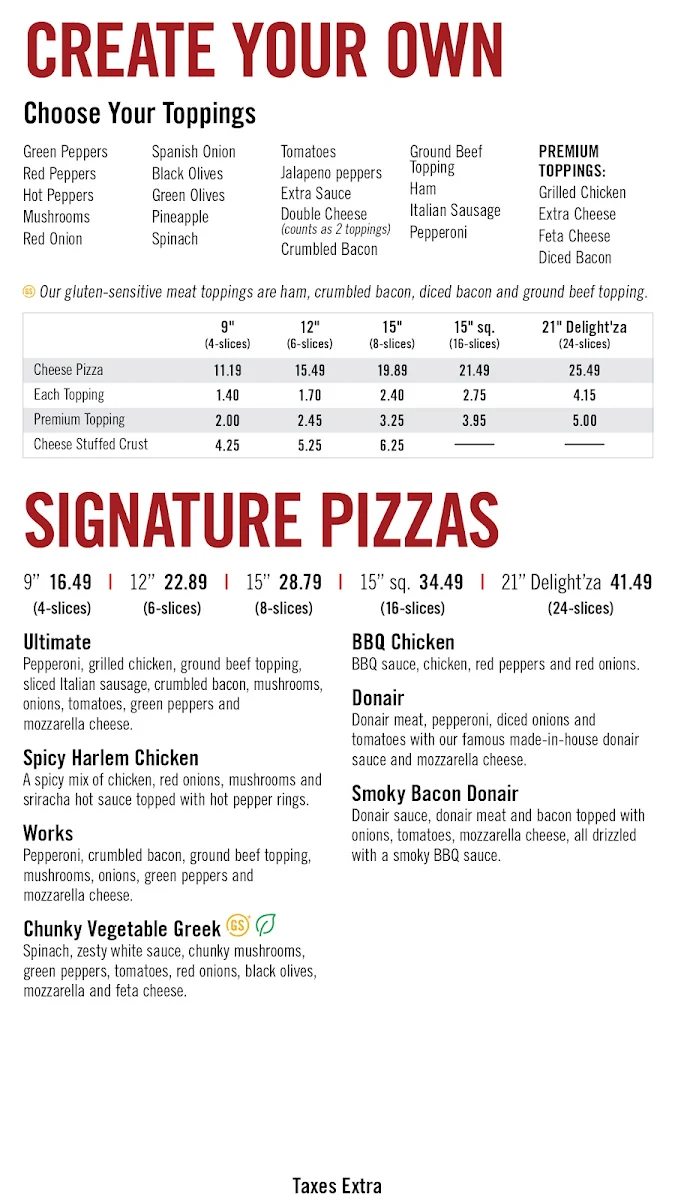 Menu, Pizza Delight