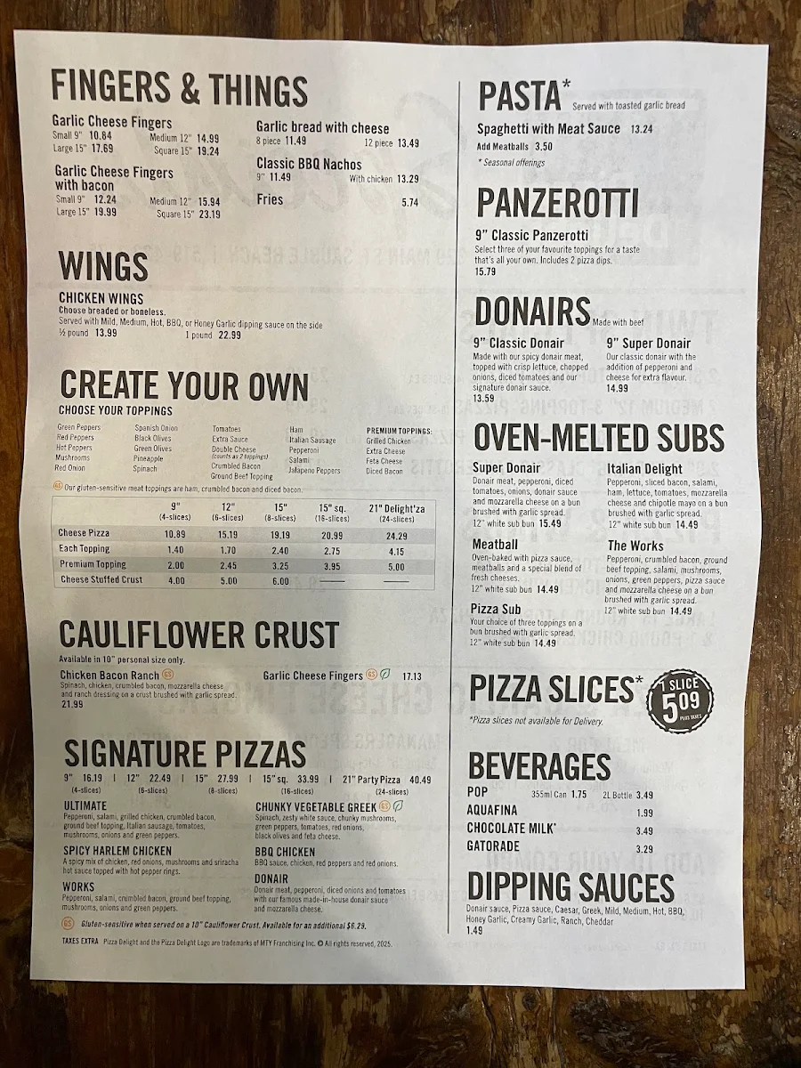 Menu, Pizza Delight