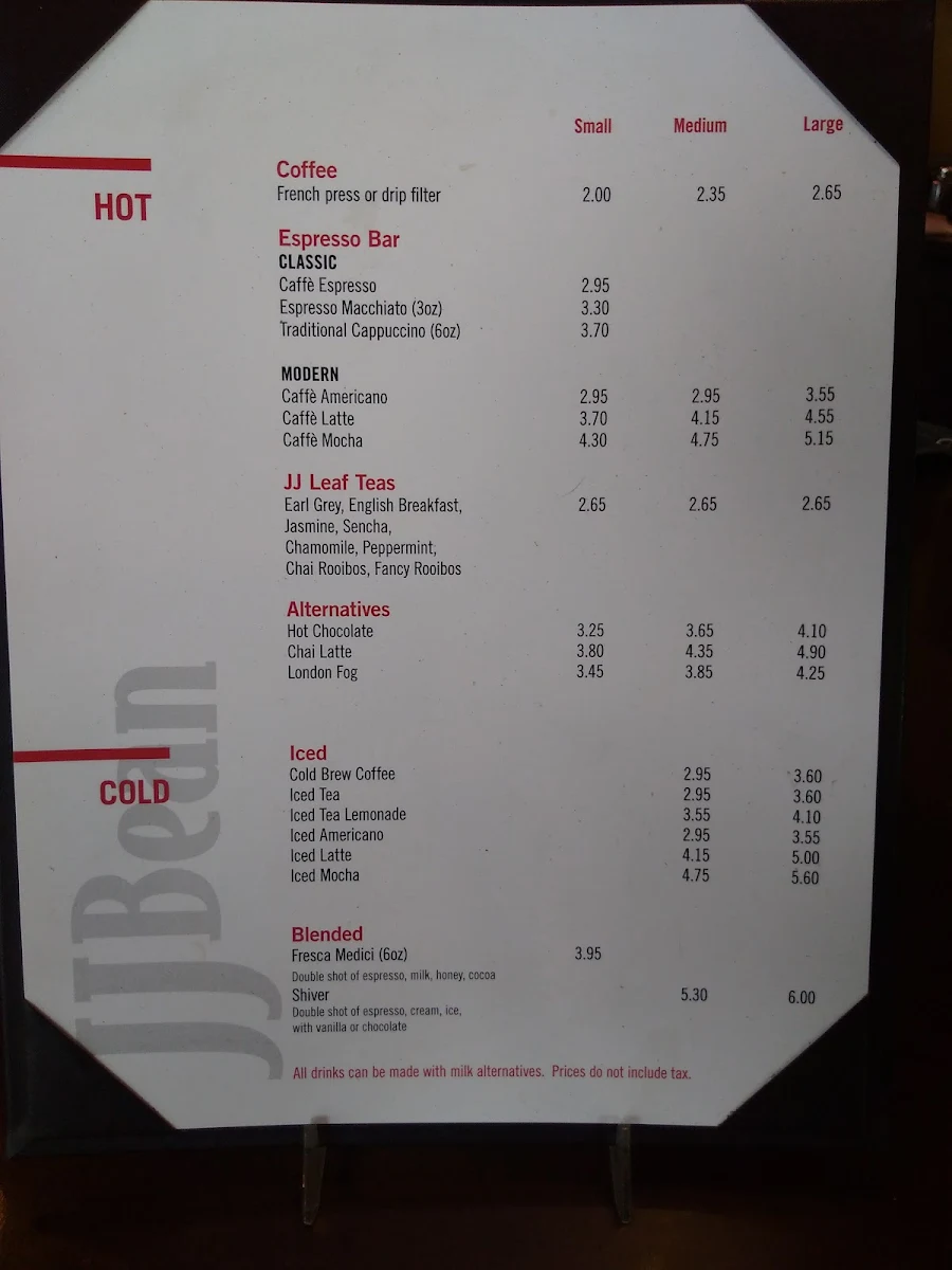Menu, JJ Bean Coffee Roasters