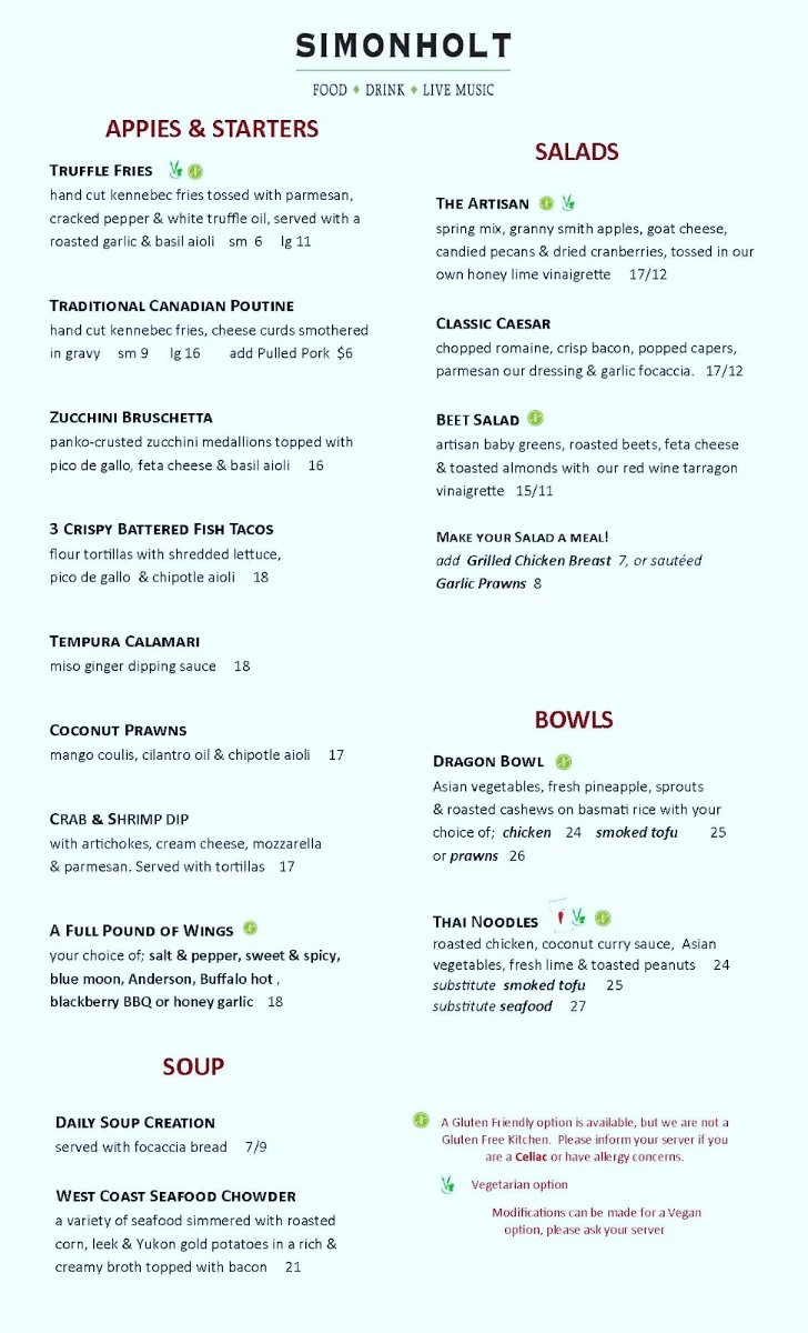 Menu, Simonholt Restaurant
