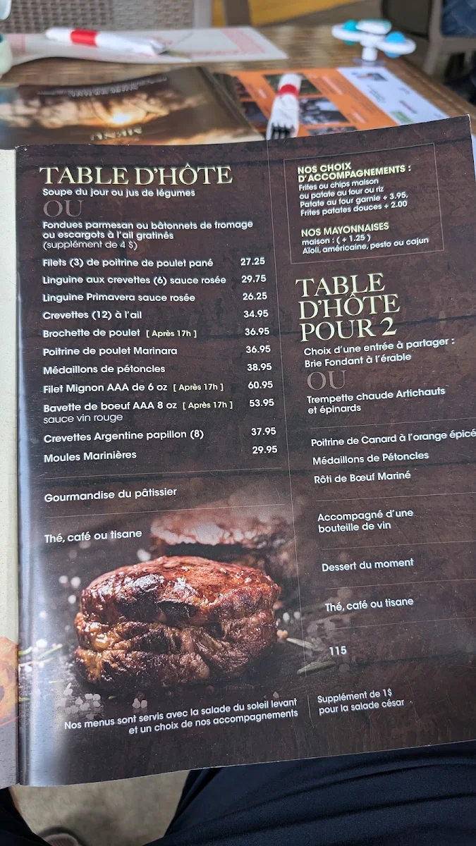 Menu, Auberge au Soleil Levant