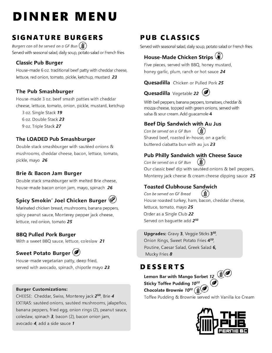 Menu, The Pub Bar & Grill