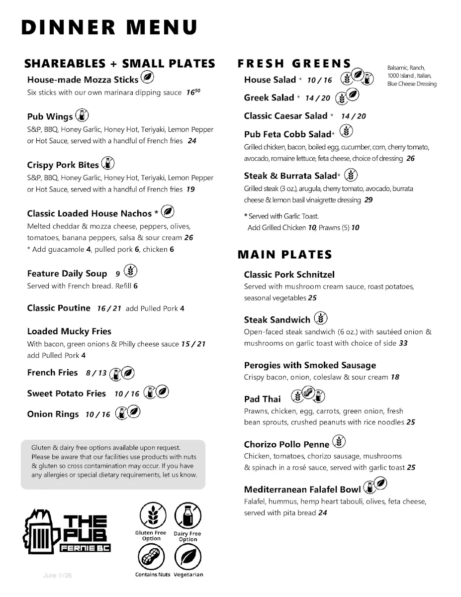Menu, The Pub Bar & Grill