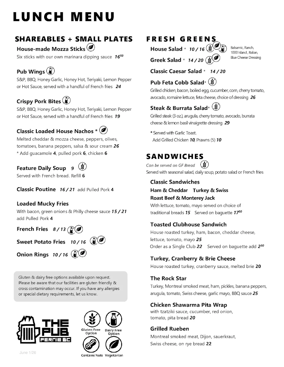Menu, The Pub Bar & Grill