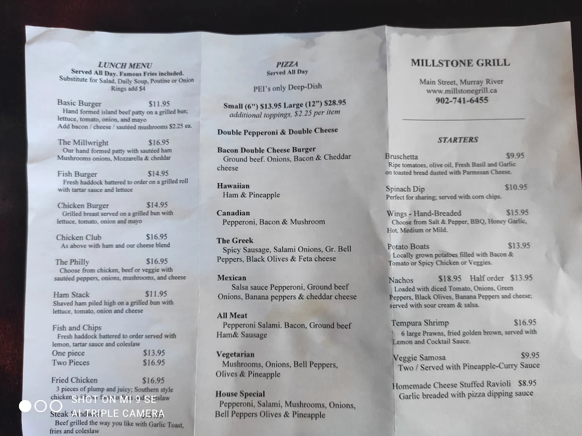Menu, Millstone Grill