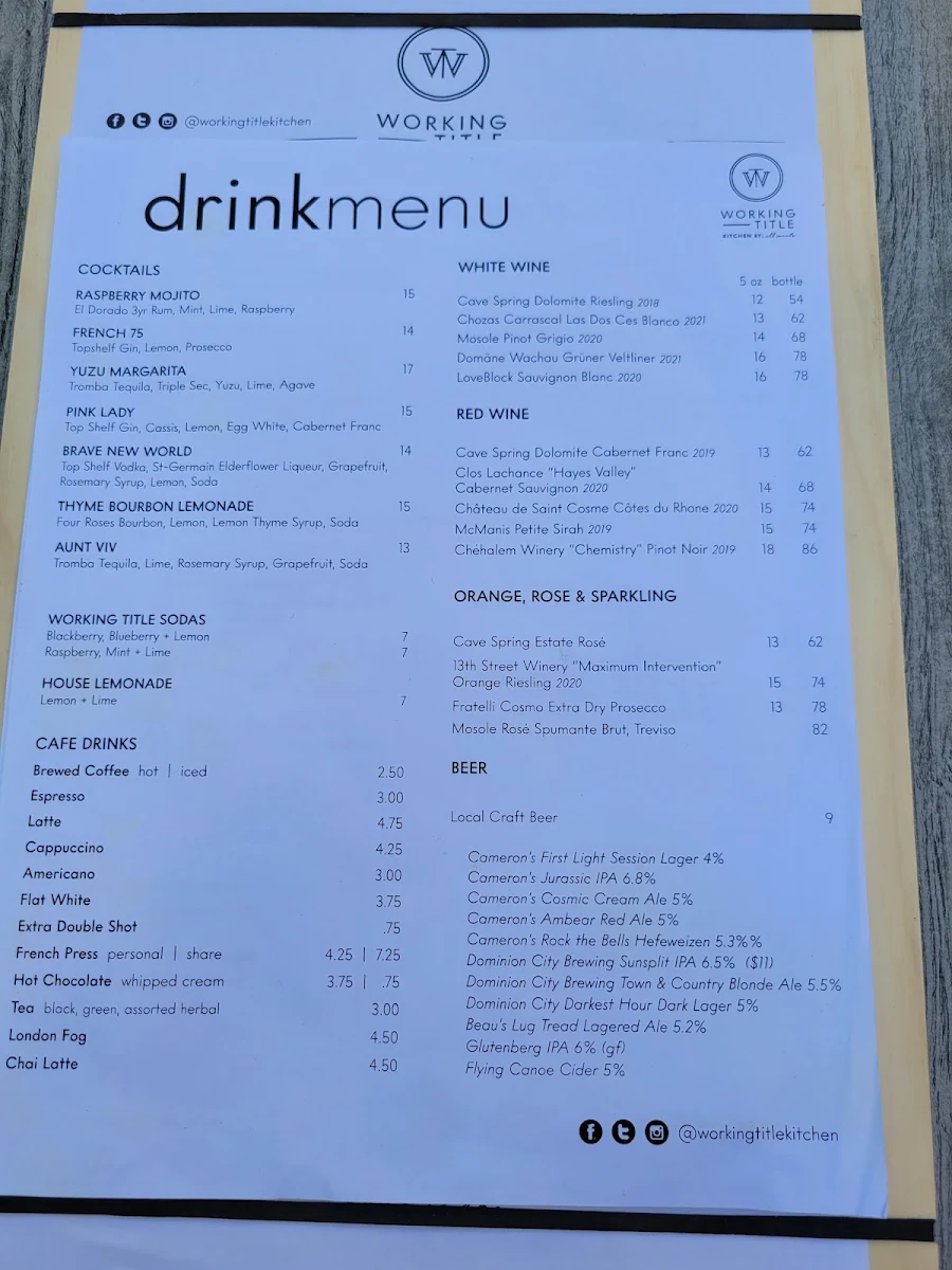 Menu, Working Title Kitchen