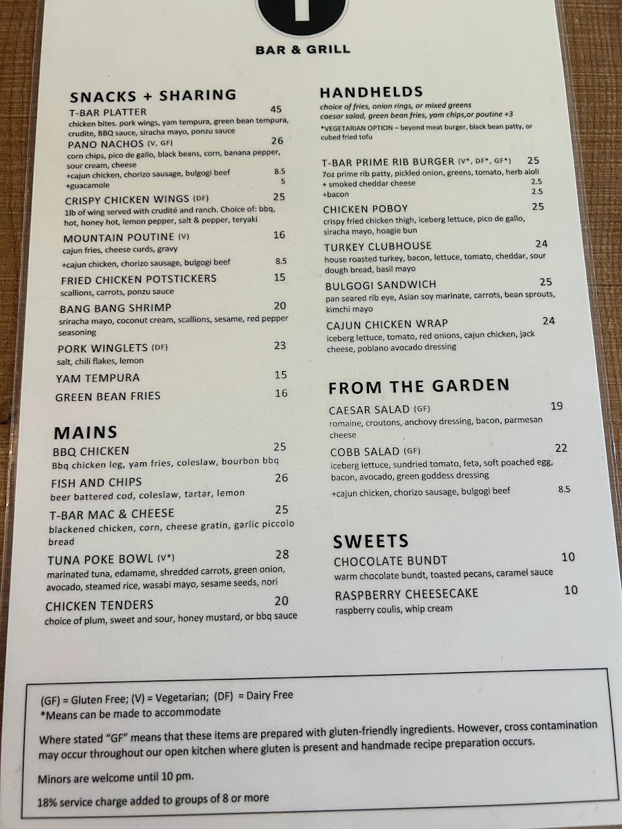 Menu, T-Bar & Grill