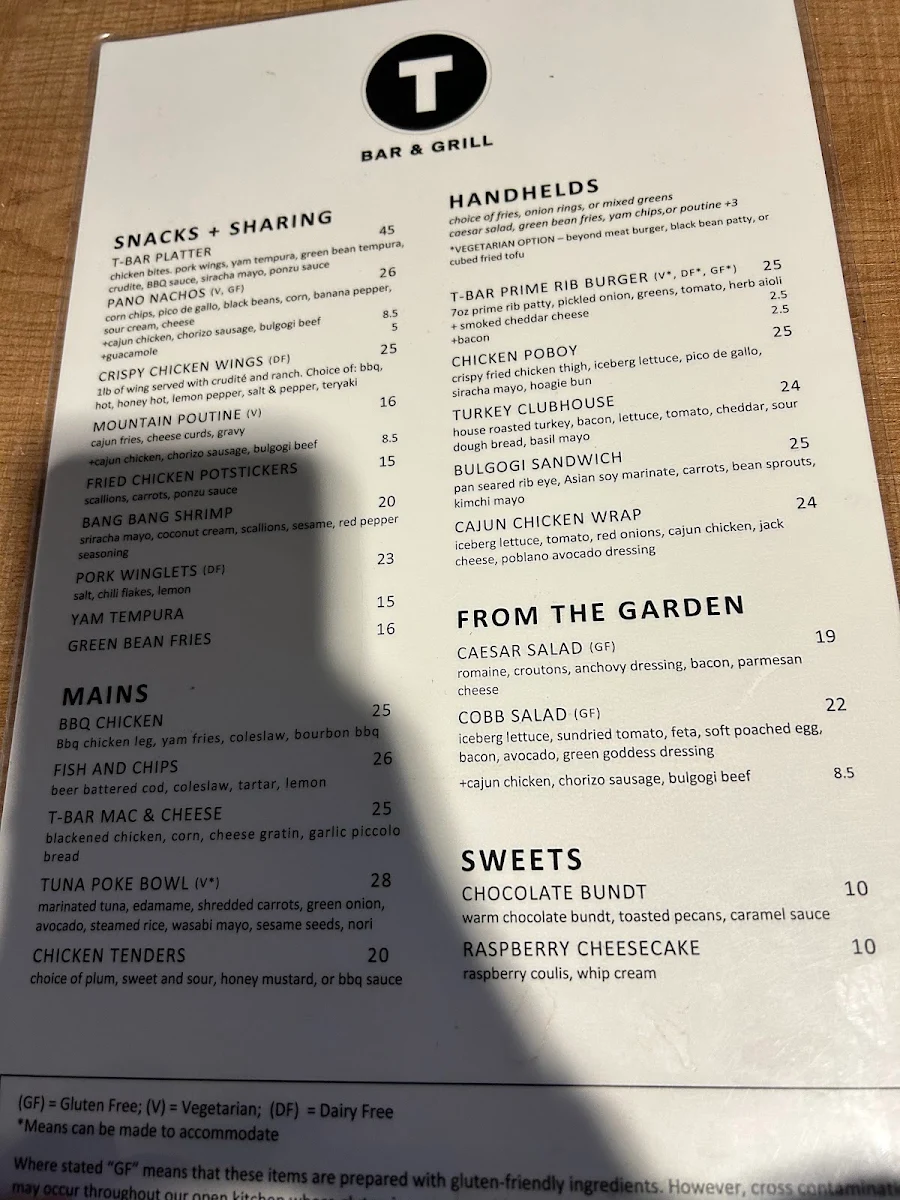 Menu, T-Bar & Grill