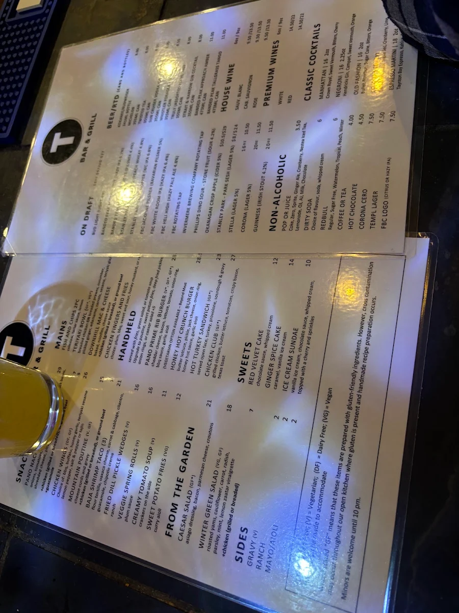 Menu, T-Bar & Grill