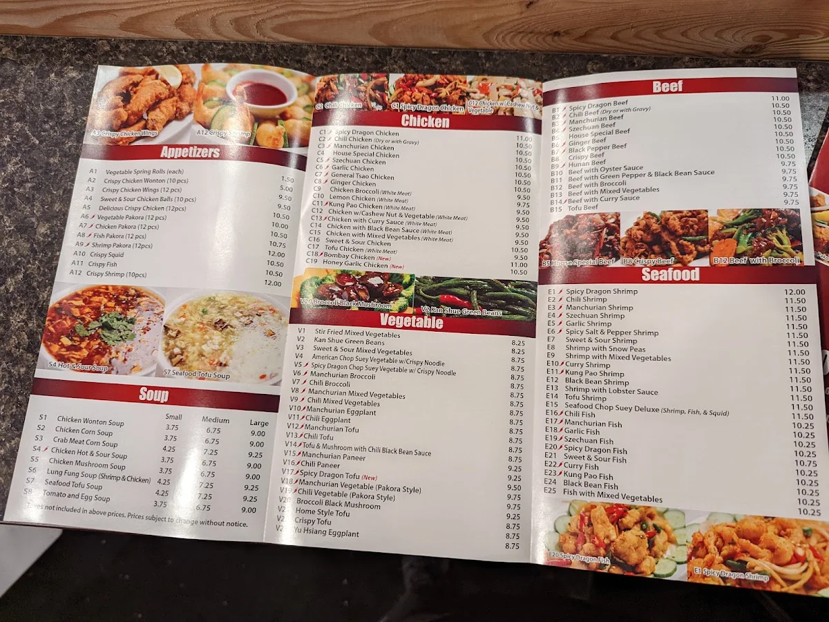 Menu, Spicy Dragon Restaurant