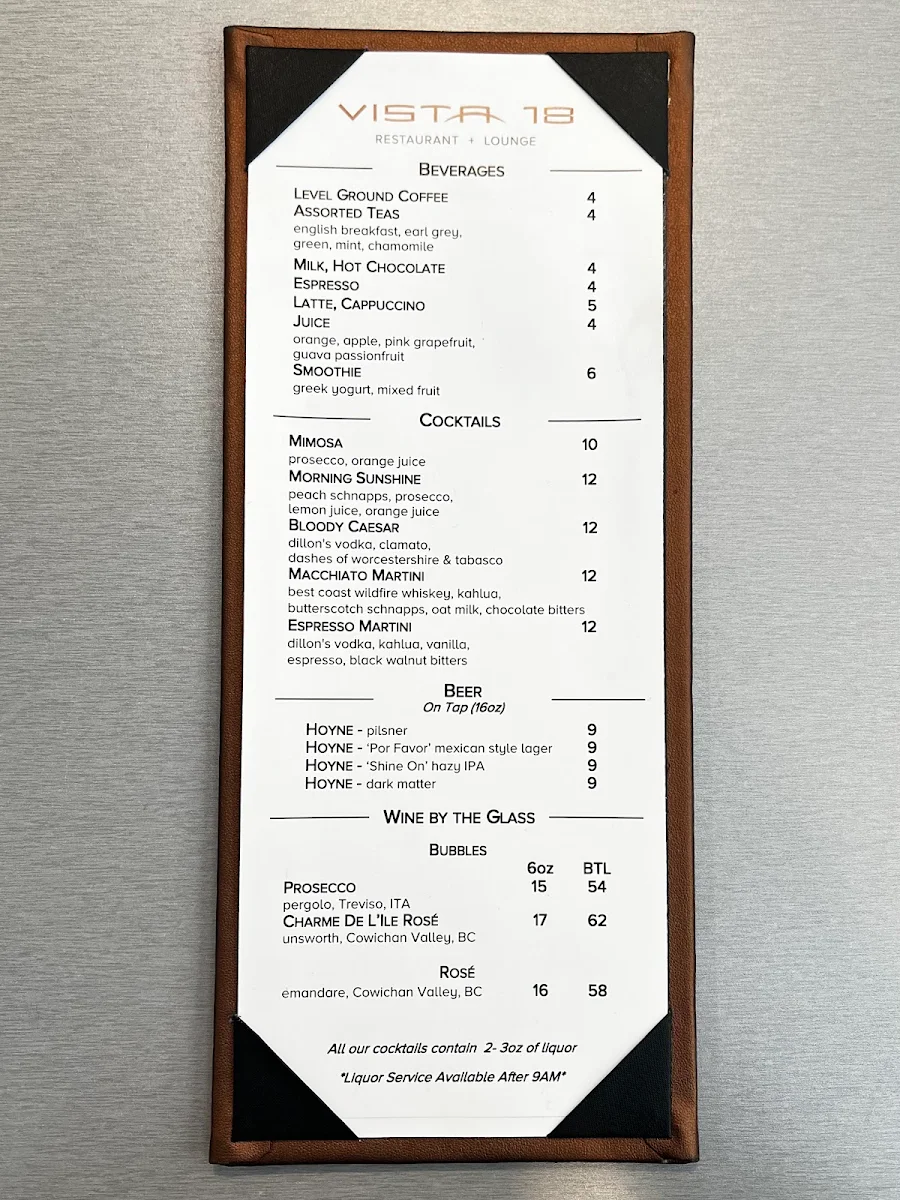 Menu, Vista 18 Restaurant + Lounge