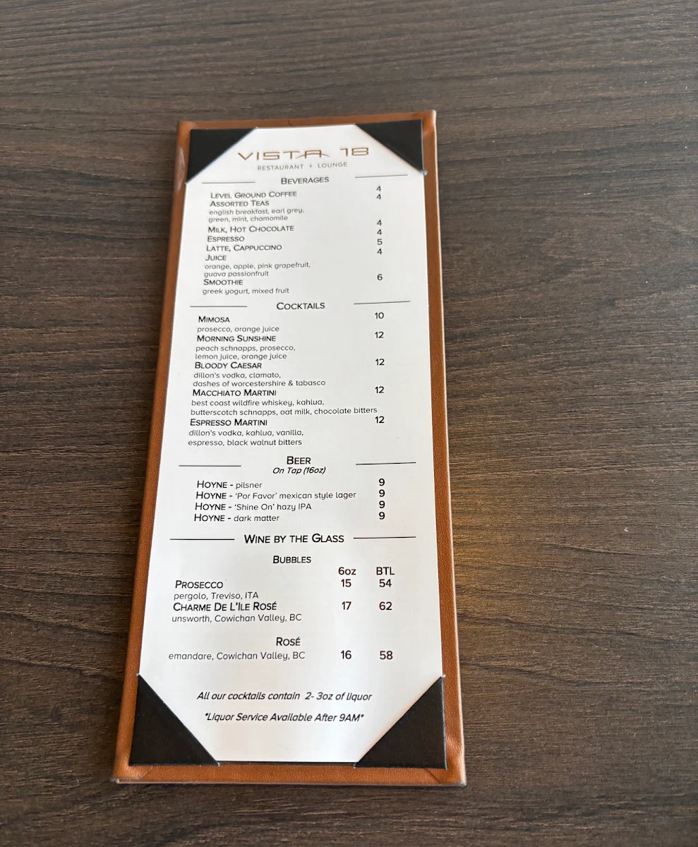 Menu, Vista 18 Restaurant + Lounge