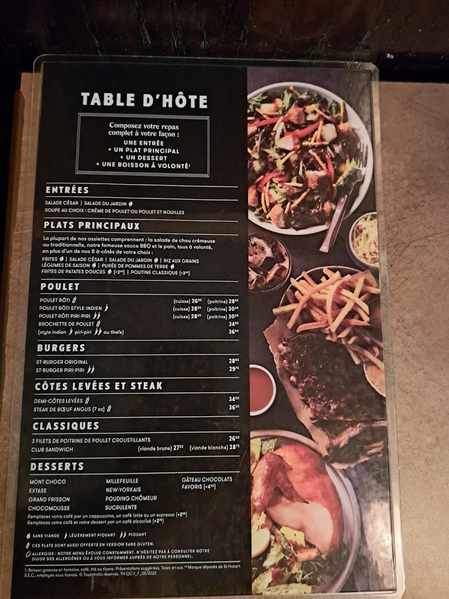 Menu, Rôtisserie St-Hubert