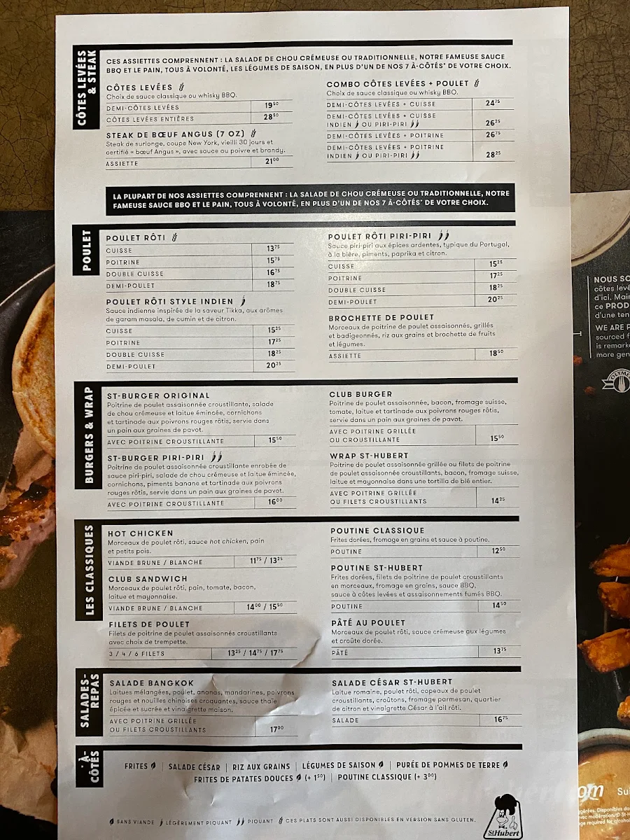 Menu, Rôtisserie St-Hubert
