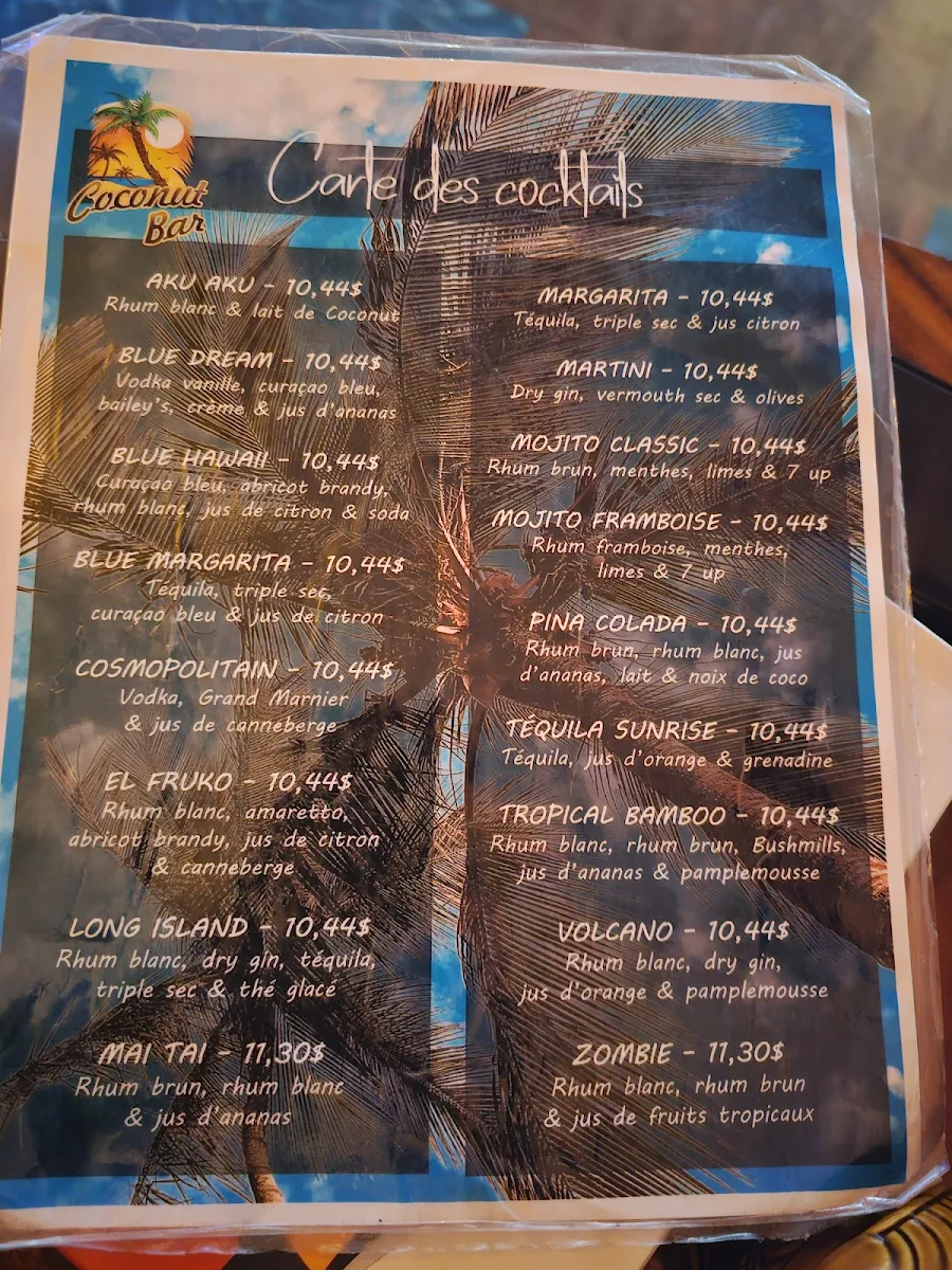 Menu, Coconut Bar