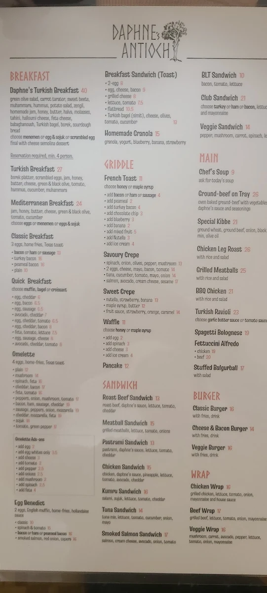 Menu, Daphne's Antioch