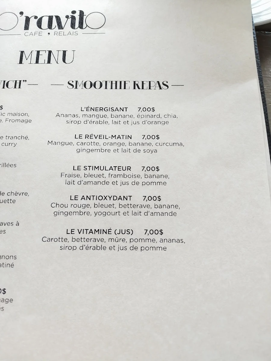 Menu, O'Ravito Café & Traiteur