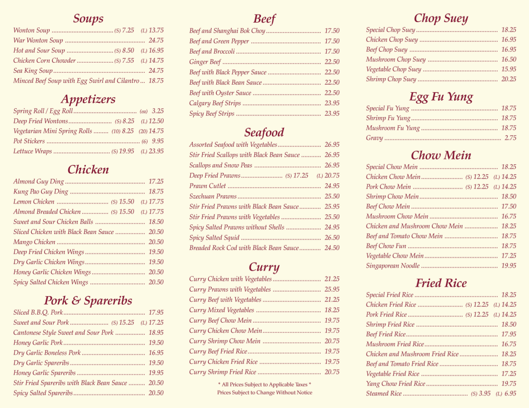 Menu, Fortune Palace Restaurant