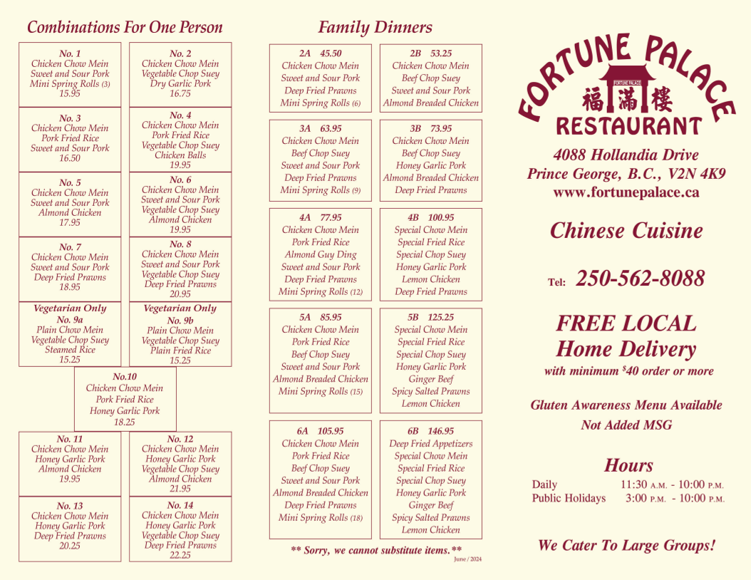 Menu, Fortune Palace Restaurant