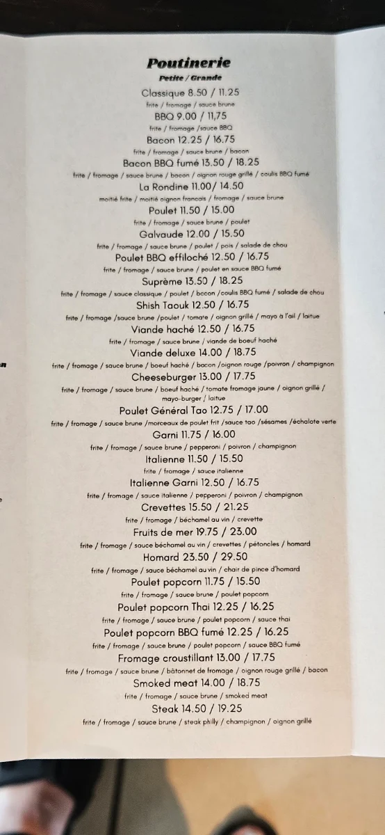 Menu, Le Shack 1880