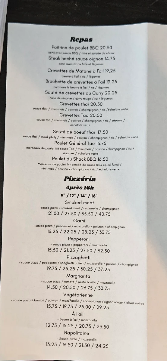 Menu, Le Shack 1880
