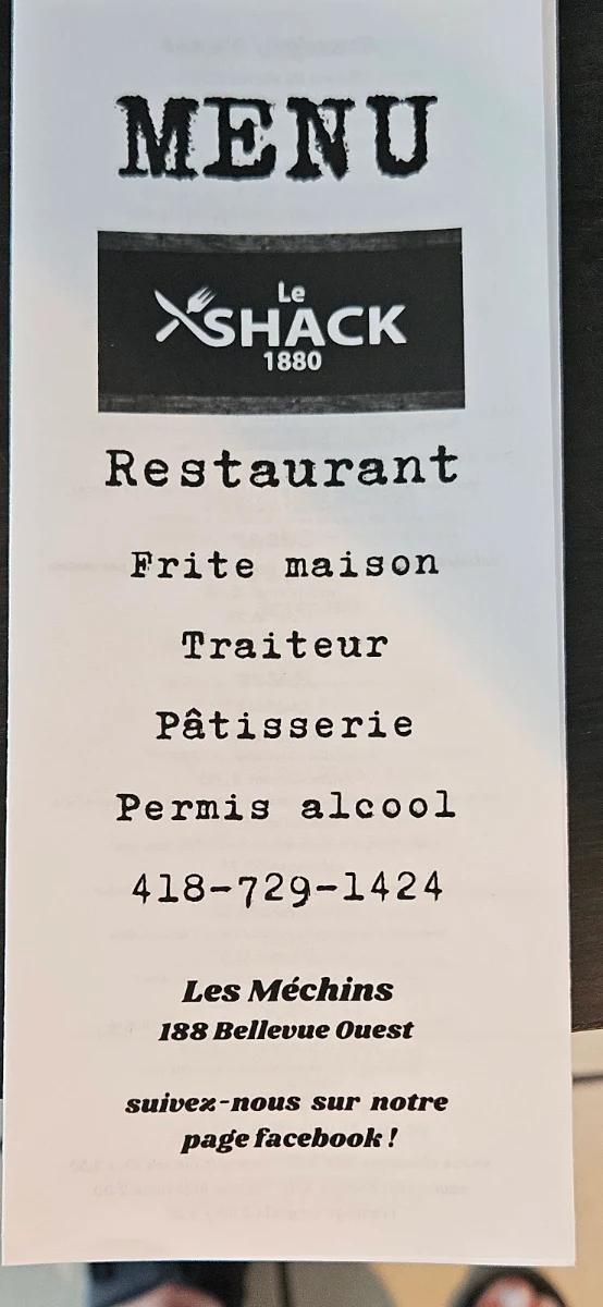 Menu, Le Shack 1880