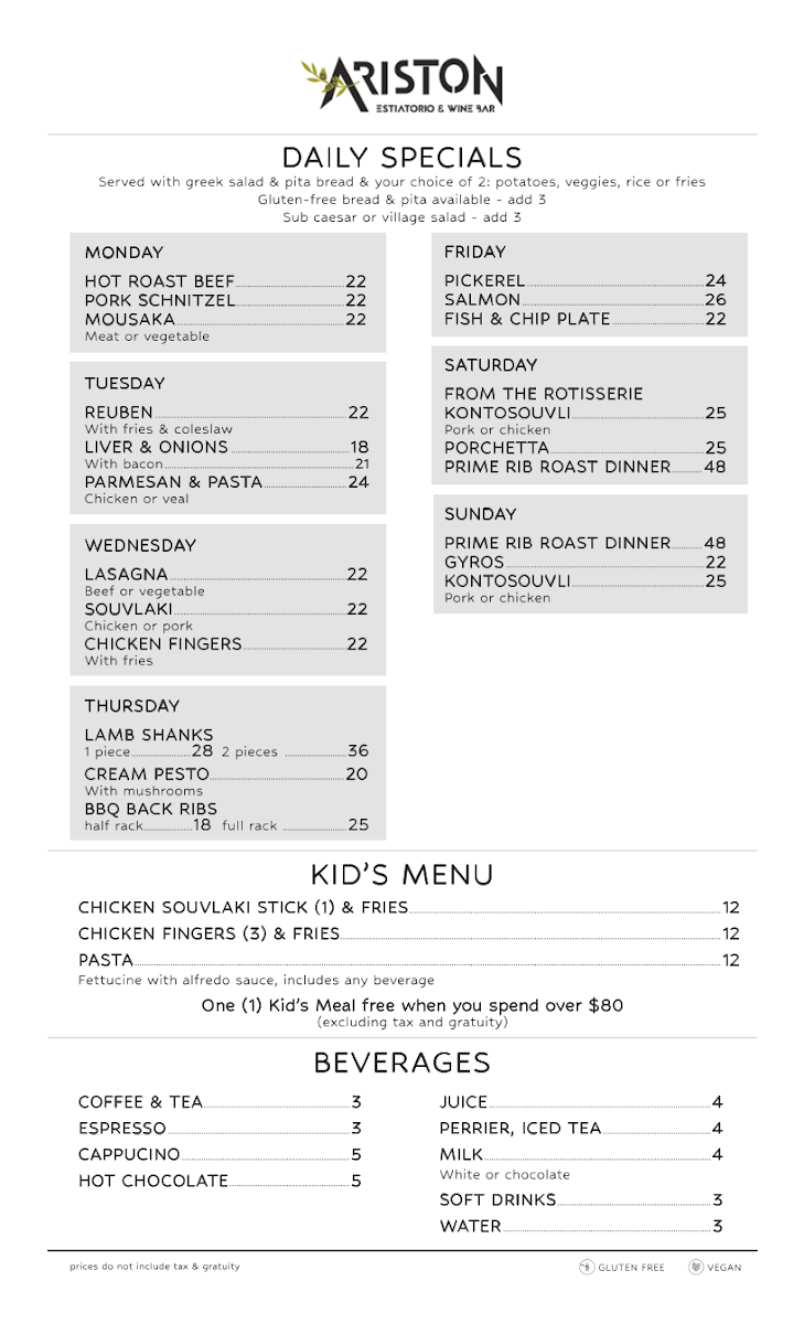 Menu, Ariston Estiatorio & Wine Bar