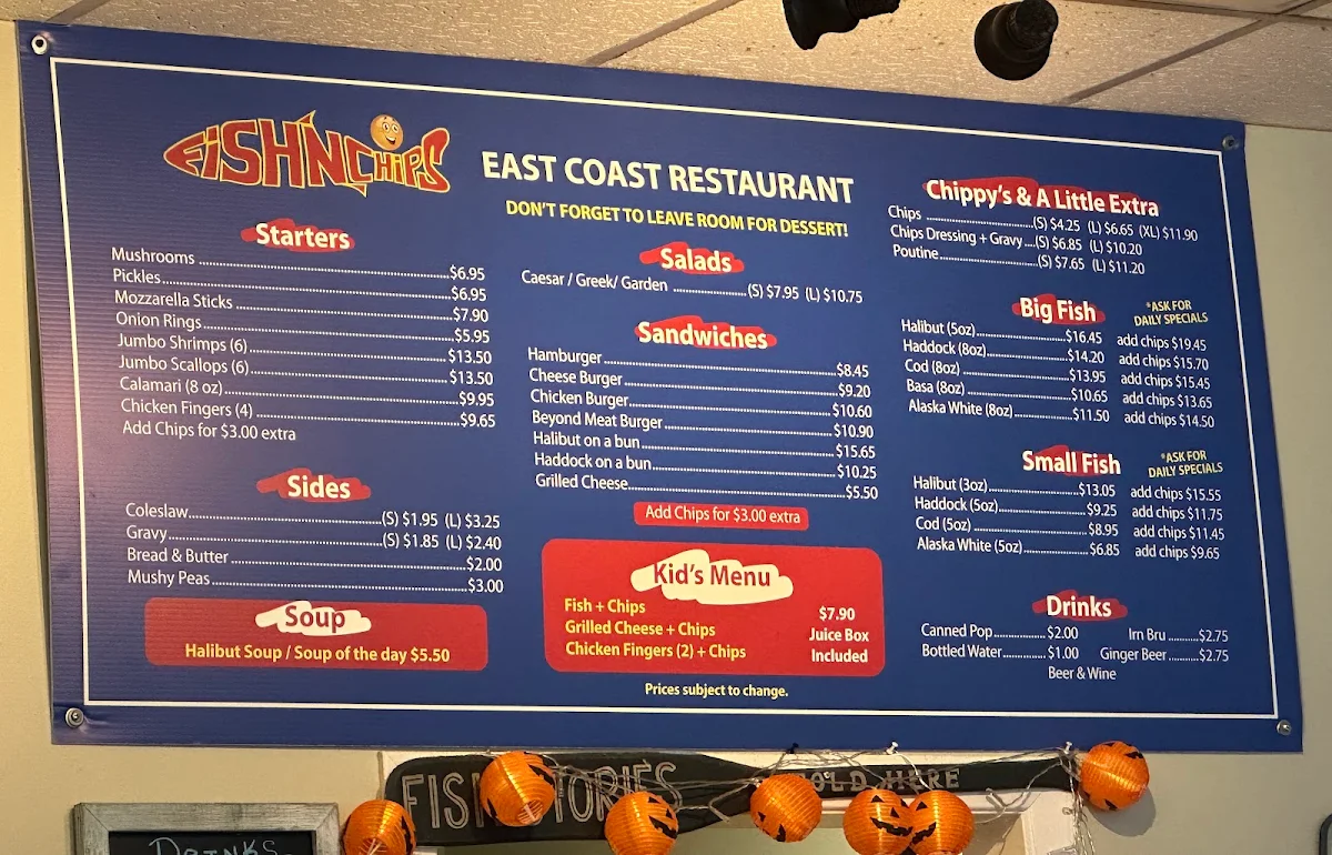 Menu, East Coast Fish & Chips