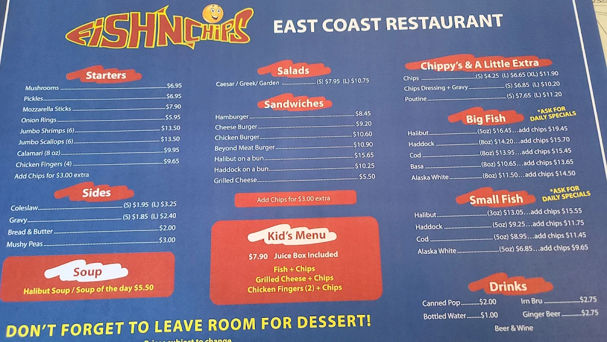 Menu, East Coast Fish & Chips