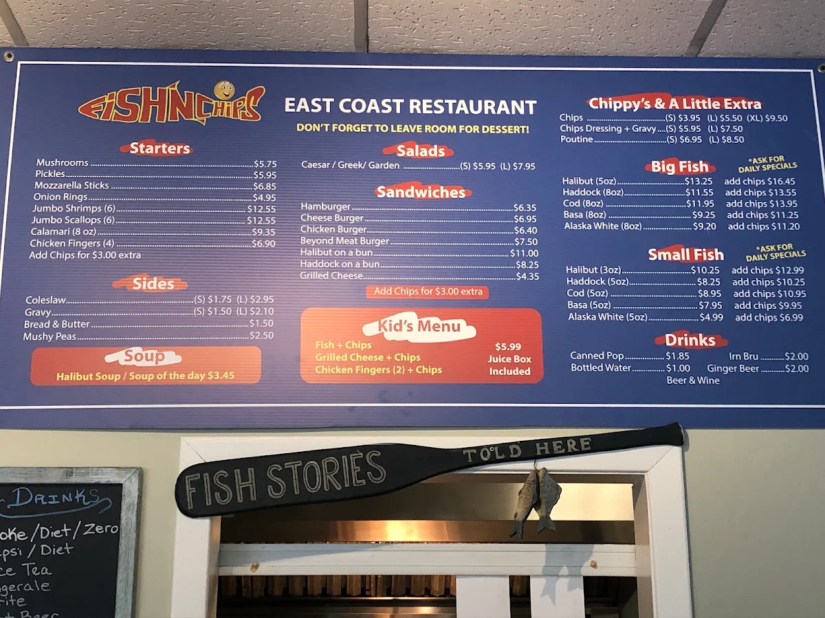 Menu, East Coast Fish & Chips
