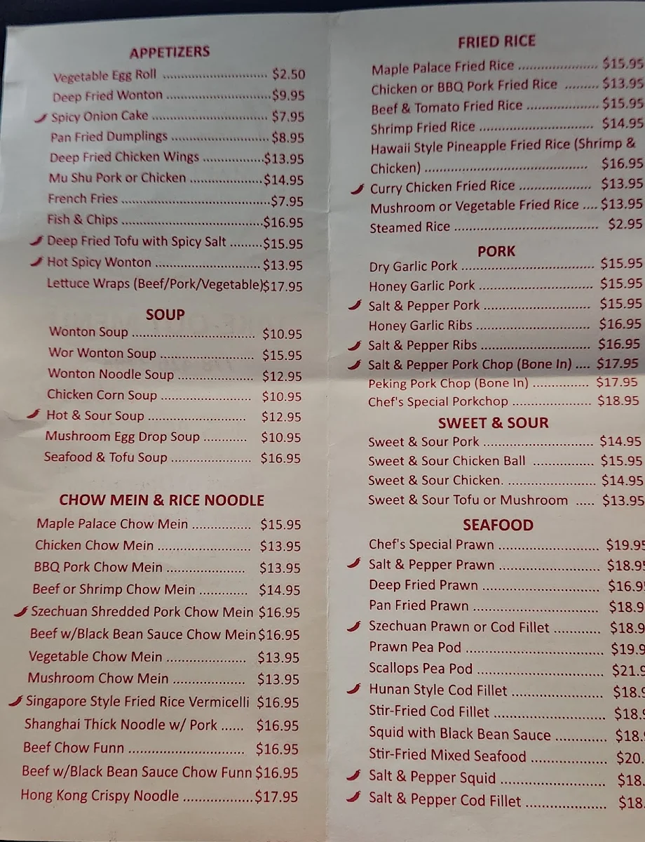 Menu, Maple Palace Chinese Restaurant