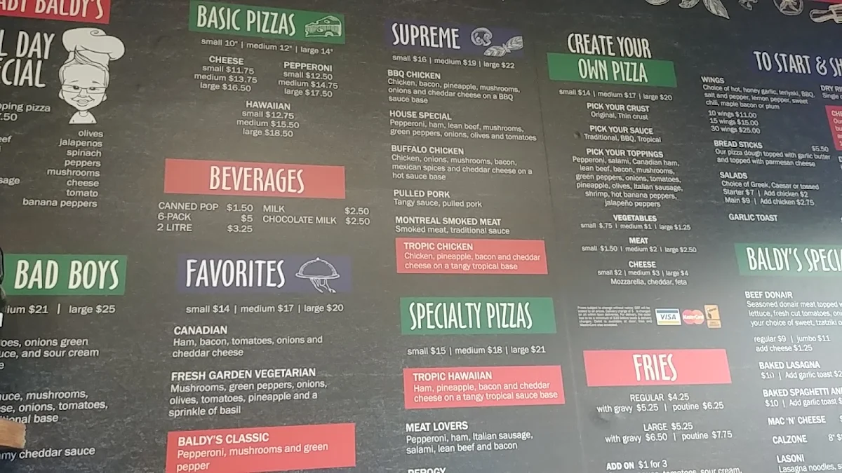 Menu, Papa Baldy's Pizza